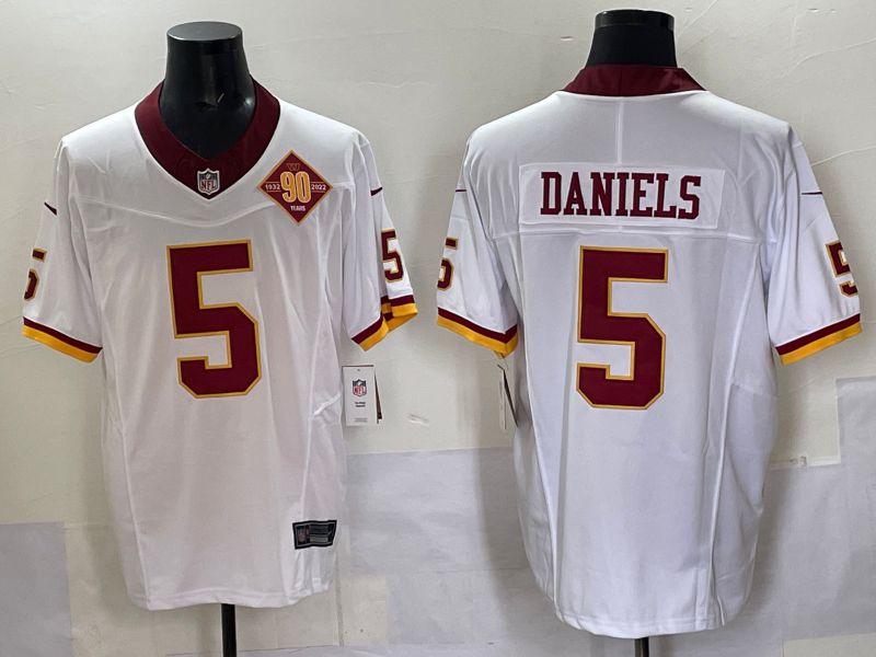 Men 2025 Washington Commanders #5 Daniels White Four generations Nike Limited NFL Jersey 01